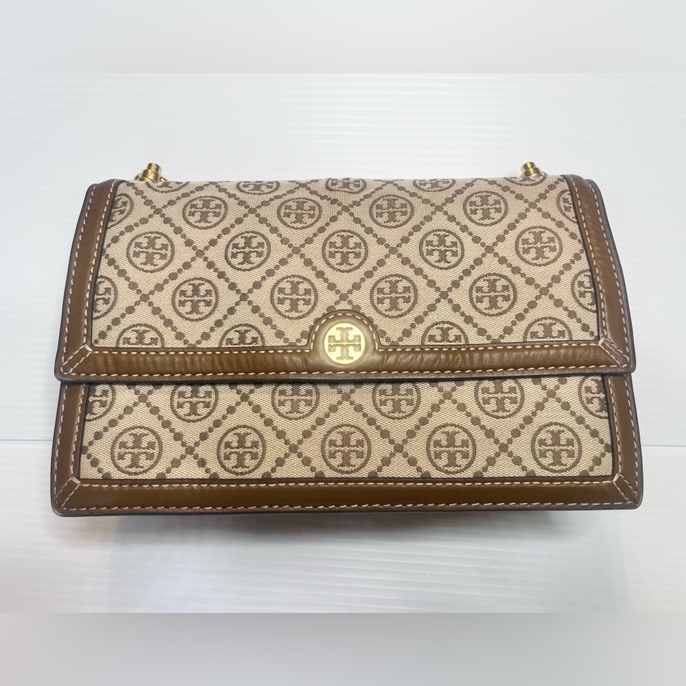 Tory Burch T Monogram Jacquard Mini Shoulder Bag Hazelnut Tan Brown No Strap - Picture 2 of 16
